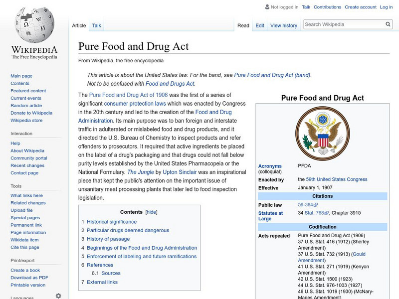 Wikipedia: Pure Food and Drug Act Handout