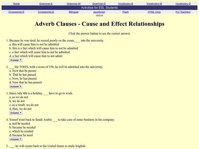 Activities for Esl Students: Adverb Clauses Cause and Effect Relationships Activity Activities for Esl Students: Adverb Clauses Cause and Effect Relationships Activity