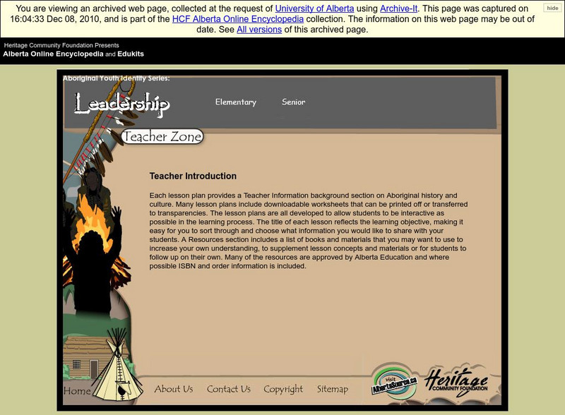 Alberta Online Encyclopedia: Aboriginal Youth Identity Series: Teacher Zone Lesson Plan Alberta Online Encyclopedia: Aboriginal Youth Identity Series: Teacher Zone Lesson Plan