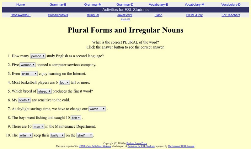 Activities for Esl Students: Plural Forms and Irregular Nouns Unknown Type Activities for Esl Students: Plural Forms and Irregular Nouns Unknown Type