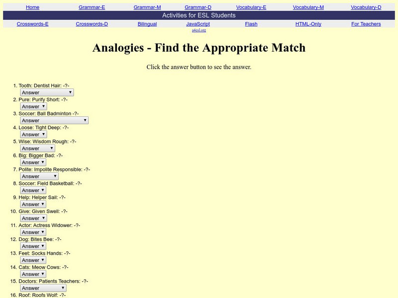 Activities for Esl Students: Analogies: Find the Appropriate Match Activity Activities for Esl Students: Analogies: Find the Appropriate Match Activity