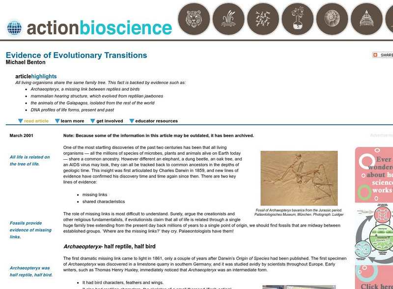 Action Bioscience: Evidence of Evolutionary Transitions Article Action Bioscience: Evidence of Evolutionary Transitions Article