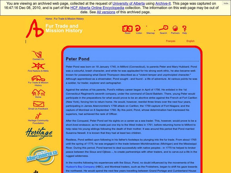 Alberta Online Encyclopedia: Peter Pond Handout Alberta Online Encyclopedia: Peter Pond Handout
