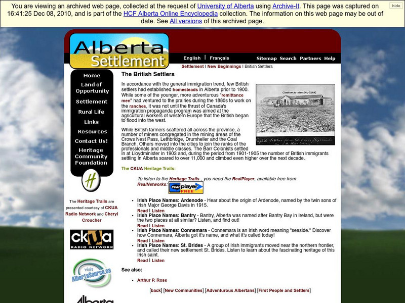 Alberta Online Encyclopedia: The Brittish Settlers Handout Alberta Online Encyclopedia: The Brittish Settlers Handout