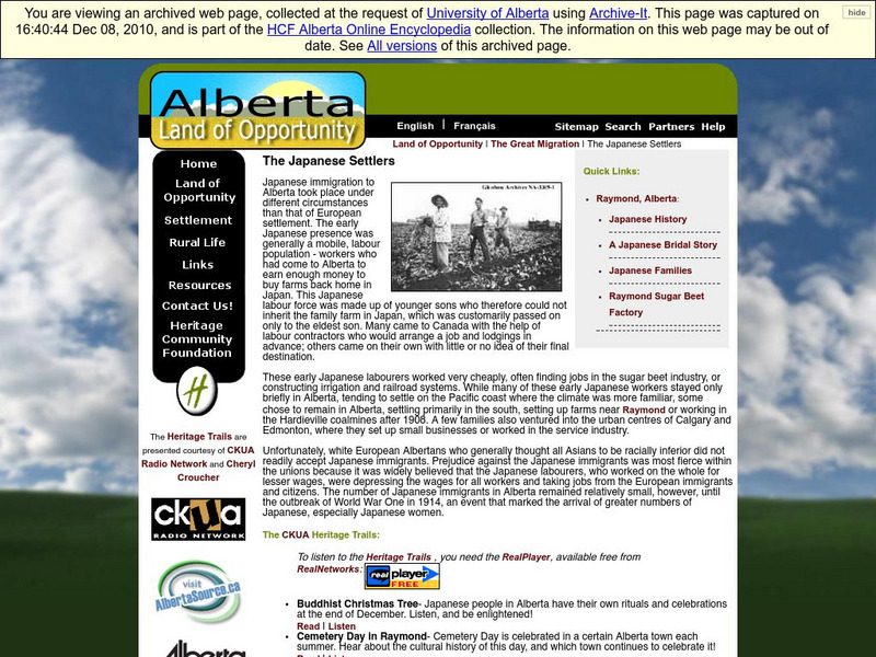 Alberta Online Encyclopedia: Japanese Settlers Handout Alberta Online Encyclopedia: Japanese Settlers Handout