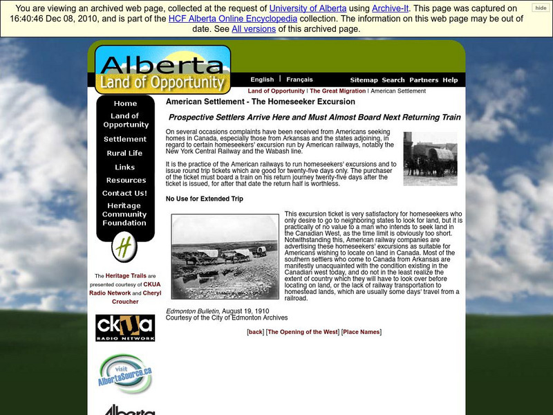 Alberta Online Encyclopedia: American Settlement Handout Alberta Online Encyclopedia: American Settlement Handout