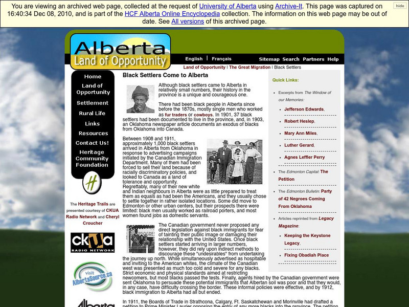 Alberta Online Encyclopedia: Black Settlers Come to Alberta Handout Alberta Online Encyclopedia: Black Settlers Come to Alberta Handout
