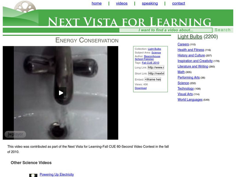 Next Vista for Learning: Energy Conservation Instructional Video Next Vista for Learning: Energy Conservation Instructional Video