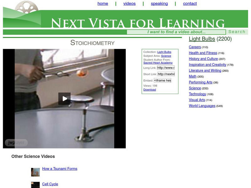 Next Vista for Learning: Stoichiometry Instructional Video Next Vista for Learning: Stoichiometry Instructional Video