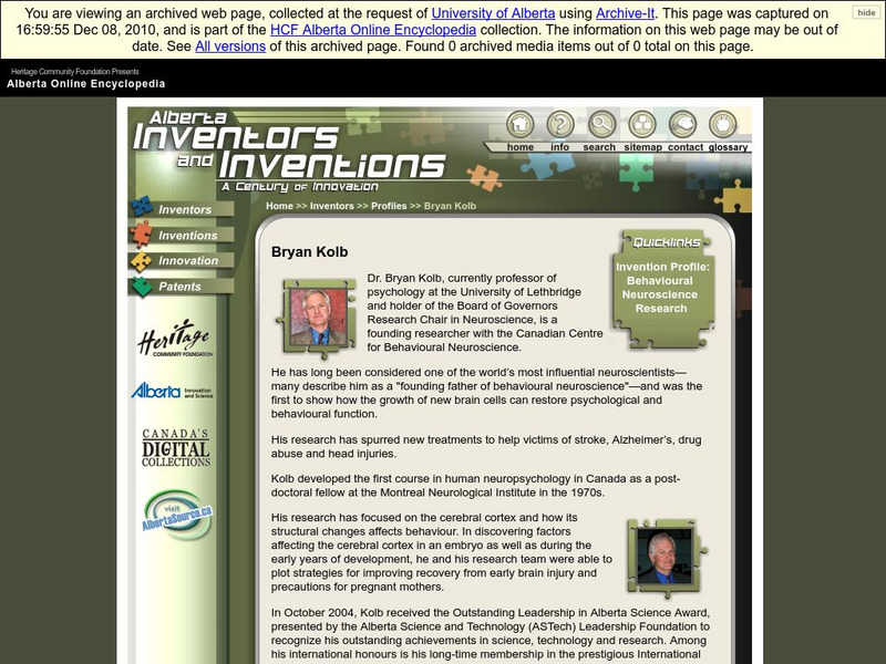 Alberta Online Encyclopedia: Alberta Inventors and Inventions: Bryan Kolb Handout Alberta Online Encyclopedia: Alberta Inventors and Inventions: Bryan Kolb Handout