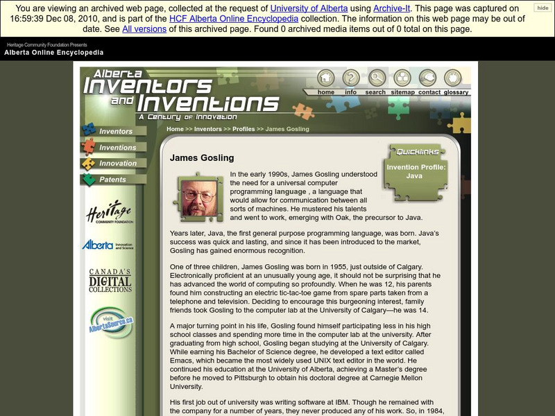 Alberta Online Encyclopedia: Alberta Inventors and Inventions: James Gosling Handout Alberta Online Encyclopedia: Alberta Inventors and Inventions: James Gosling Handout