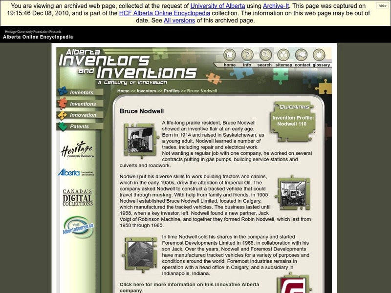 Alberta Online Encyclopedia: Alberta Inventors and Inventions: Bruce Nodwell Handout Alberta Online Encyclopedia: Alberta Inventors and Inventions: Bruce Nodwell Handout