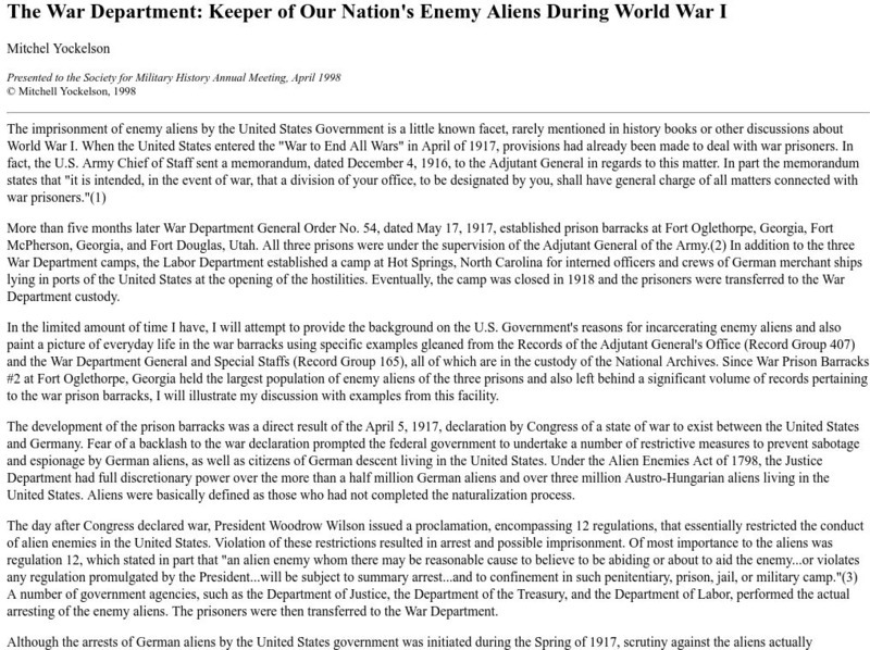 Byu: War Department.: Keeper of Our Nation's Enemy Aliens During Wwi Article Byu: War Department.: Keeper of Our Nation's Enemy Aliens During Wwi Article