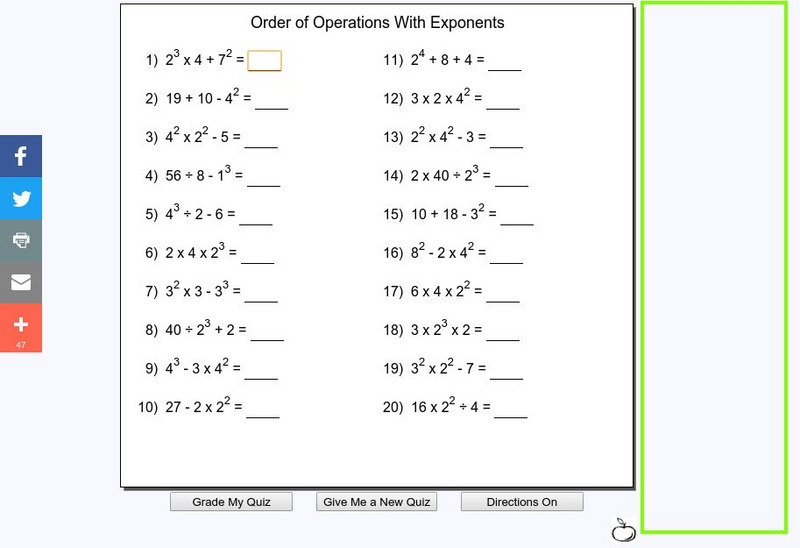 Mr. Martini's Classroom: Order of Operations With Exponents Quiz Unknown Type Mr. Martini's Classroom: Order of Operations With Exponents Quiz Unknown Type