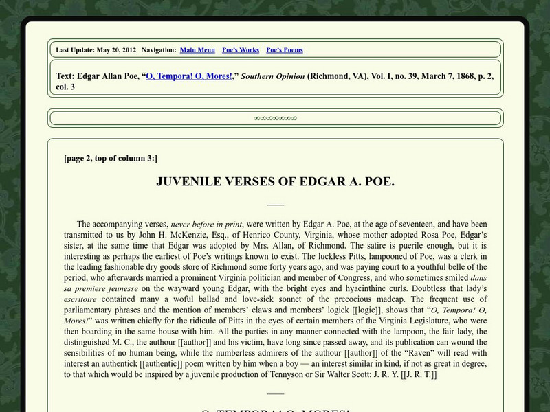 Edgar Allan Poe Society of Baltimore: Poe's Poems: O, Tempora! O, Mores! Primary Edgar Allan Poe Society of Baltimore: Poe's Poems: O, Tempora! O, Mores! Primary