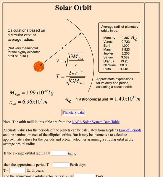 Georgia State University: Hyper Physics: Solar Orbit Handout Georgia State University: Hyper Physics: Solar Orbit Handout