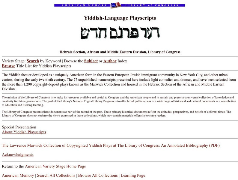 Loc: American Memory: Yiddish Language Playscripts Website Loc: American Memory: Yiddish Language Playscripts Website