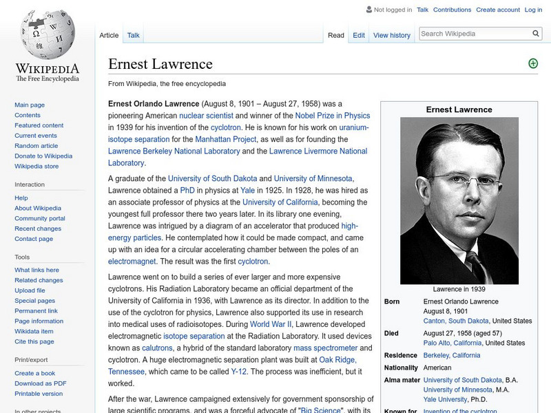 Wikipedia: Ernest Lawrence Handout Wikipedia: Ernest Lawrence Handout