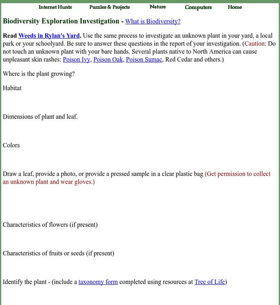 Mrs. O's House: Biodiversity Exploration Investigation Activity