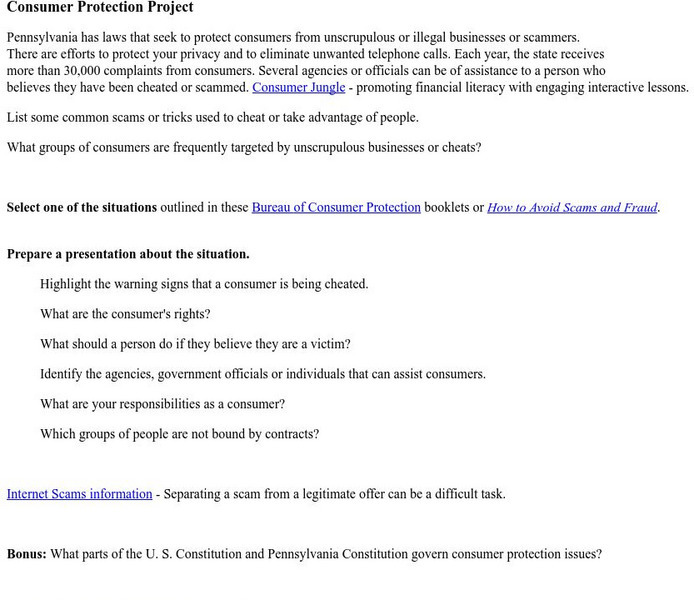 Mrs. O's House: Consumer Protection Project Lesson Plan Mrs. O's House: Consumer Protection Project Lesson Plan