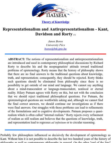 Representationalism and Antirepresentationalism: Kant, Davidson, and Rorty Article Representationalism and Antirepresentationalism: Kant, Davidson, and Rorty Article