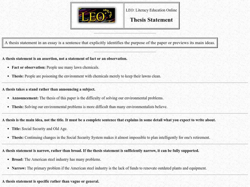 Literacy Education Online: Thesis Statement Handout Literacy Education Online: Thesis Statement Handout