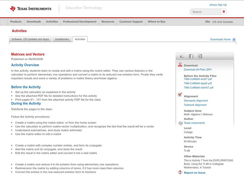 Texas Instruments: Matrices and Vectors Lesson Plan Texas Instruments: Matrices and Vectors Lesson Plan