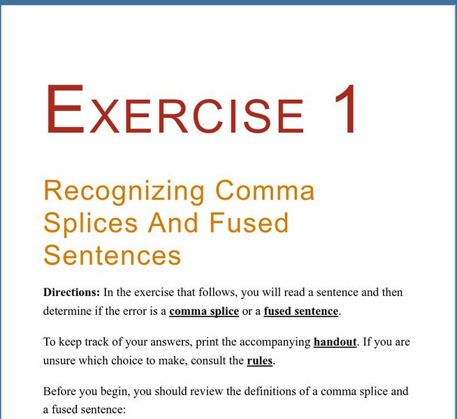 Grammar Bytes: Exercise 1: Comma Splices and Fused Sentences Game Activity Grammar Bytes: Exercise 1: Comma Splices and Fused Sentences Game Activity