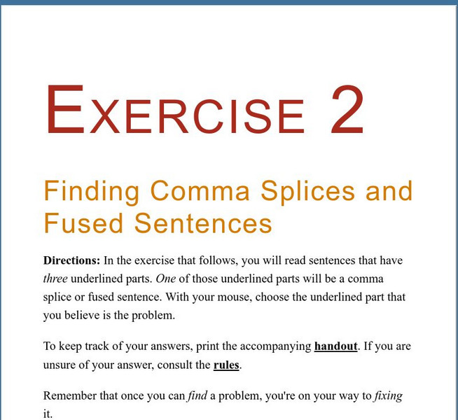 Grammar Bytes: Exercise 2: Finding Comma Splices and Fused Sentences Activity
