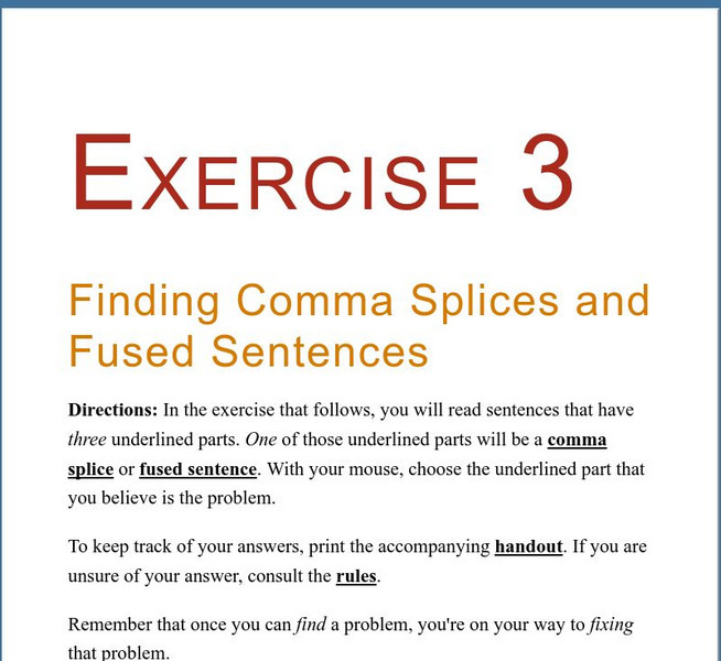 Grammar Bytes: Exercise 3: Finding Comma Splices and Fused Sentences Activity