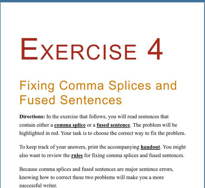 Grammar Bytes: Exercise 4: Finding Comma Splices and Fused Sentences Activity