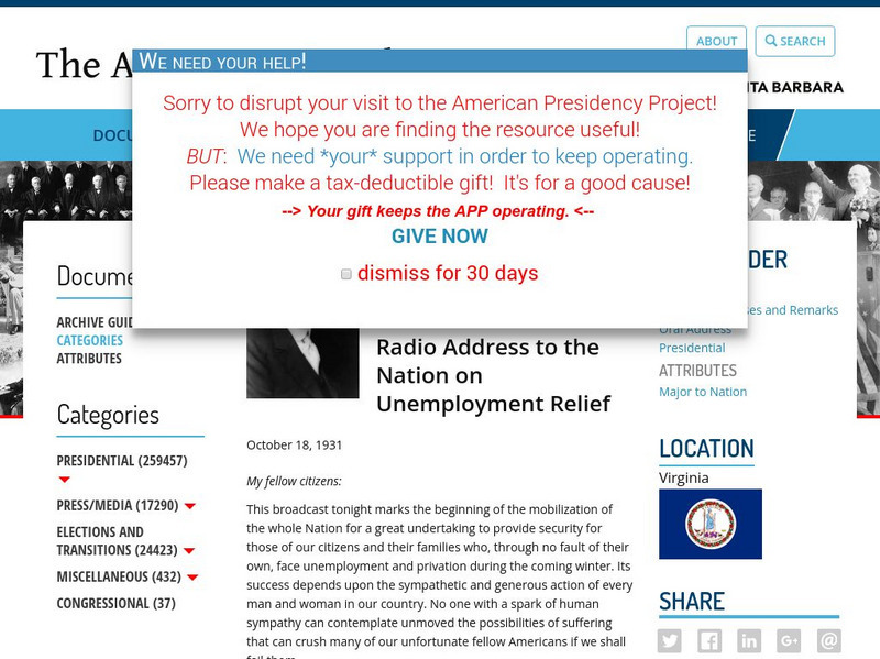 American Presidency Project: Hoover's Address Regarding Unemployment Primary American Presidency Project: Hoover's Address Regarding Unemployment Primary