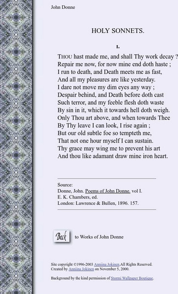 Luminarium: Anthology of English Literature: John Donne: Holy Sonnet 1 Primary Luminarium: Anthology of English Literature: John Donne: Holy Sonnet 1 Primary
