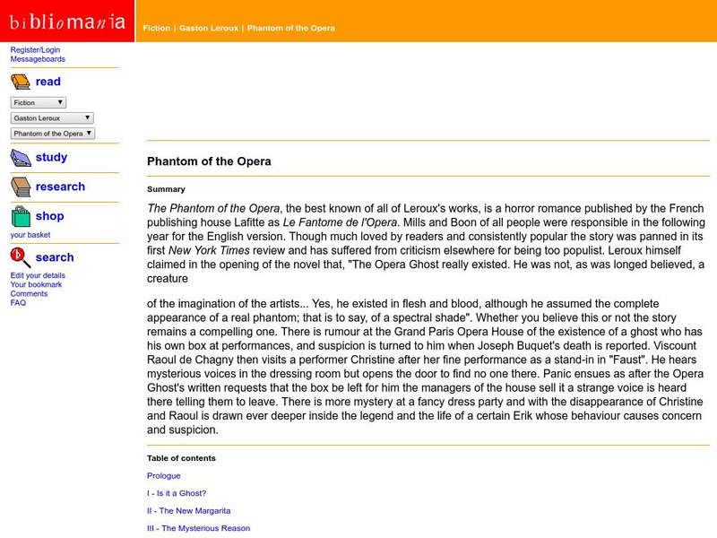 Bibliomania: Phantom of the Opera Handout Bibliomania: Phantom of the Opera Handout