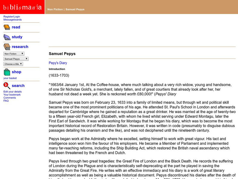 Bibliomania: Samuel Pepys Handout Bibliomania: Samuel Pepys Handout