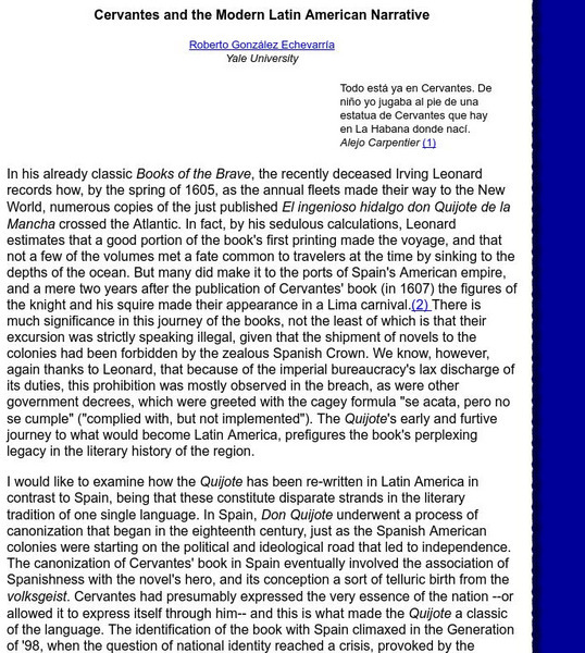 Yale Univ.:cervantes and Modern Latin American Narrative Website