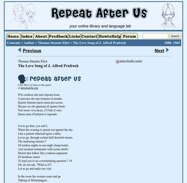 Repeat After Us: "The Love Song of J. Alfred Prufrock" by t.s. Eliot Primary Repeat After Us: "The Love Song of J. Alfred Prufrock" by t.s. Eliot Primary