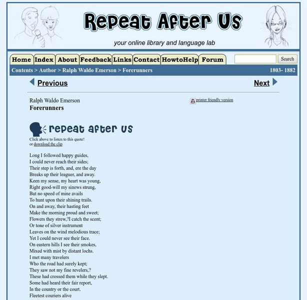 Repeat After Us: "Forerunners" by Ralph Waldo Emerson Primary Repeat After Us: "Forerunners" by Ralph Waldo Emerson Primary