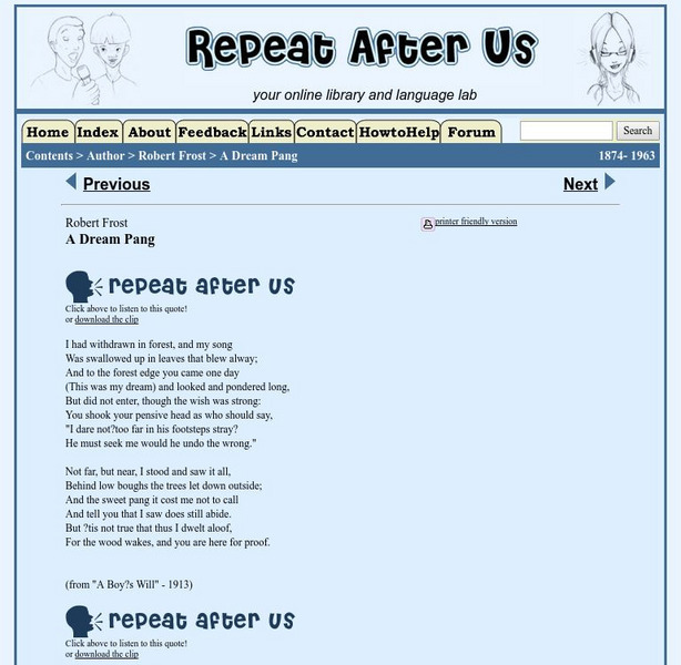 Repeat After Us: "A Dream Pang" by Robert Frost Primary Repeat After Us: "A Dream Pang" by Robert Frost Primary