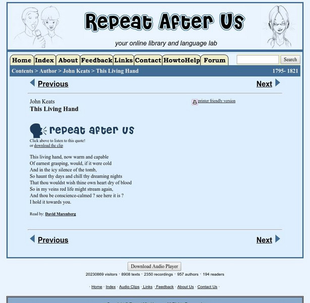 Repeat After Us: "This Living Hand" by John Keats Primary