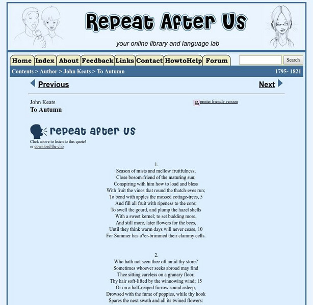 Repeat After Us: "To Autumn" by John Keats Primary Repeat After Us: "To Autumn" by John Keats Primary