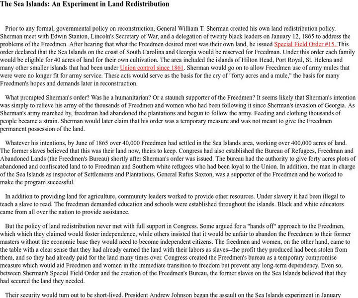 Chnm: The Sea Islands: An Experiment in Land Redistribution Handout Chnm: The Sea Islands: An Experiment in Land Redistribution Handout