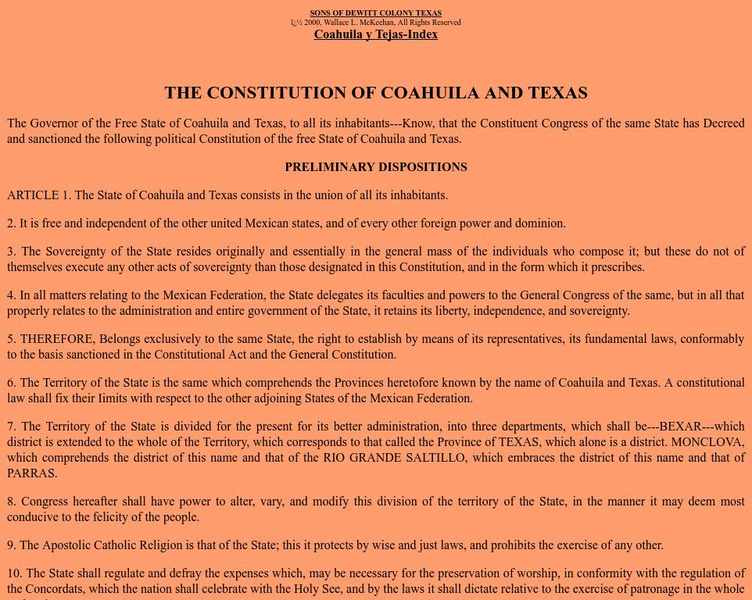 Sons of De Witt Colony Texas: The Constitution of Coahuila and Texas Article Sons of De Witt Colony Texas: The Constitution of Coahuila and Texas Article