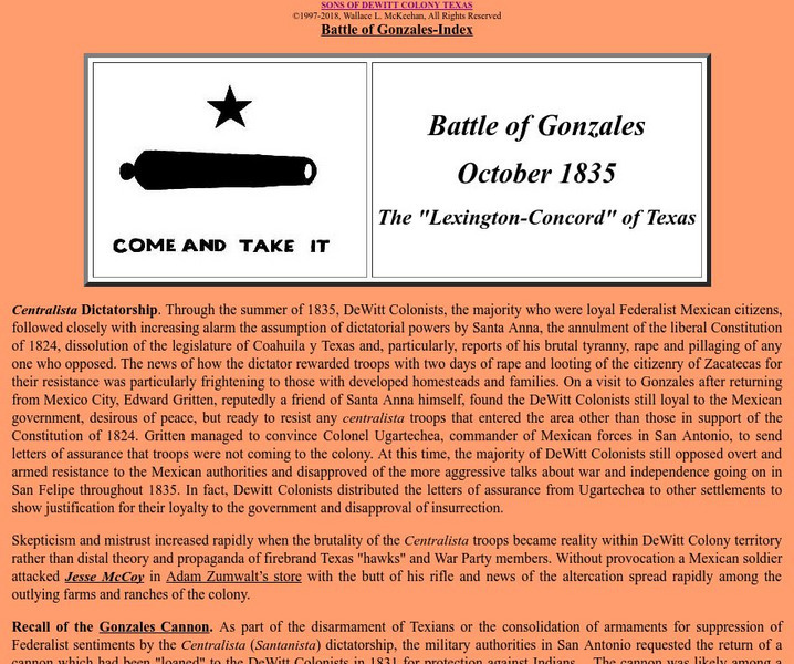 Sons of De Witt Colony: Battle of Gonzales October 1835 Article Sons of De Witt Colony: Battle of Gonzales October 1835 Article