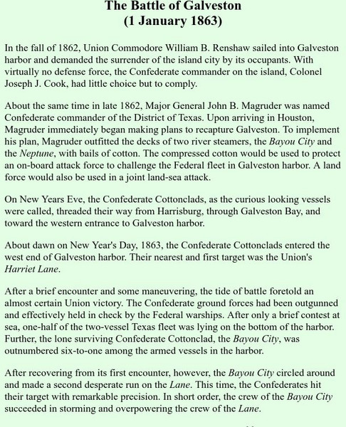 Lone Star Junction: The Battle of Galveston (1 January 1863) Handout Lone Star Junction: The Battle of Galveston (1 January 1863) Handout