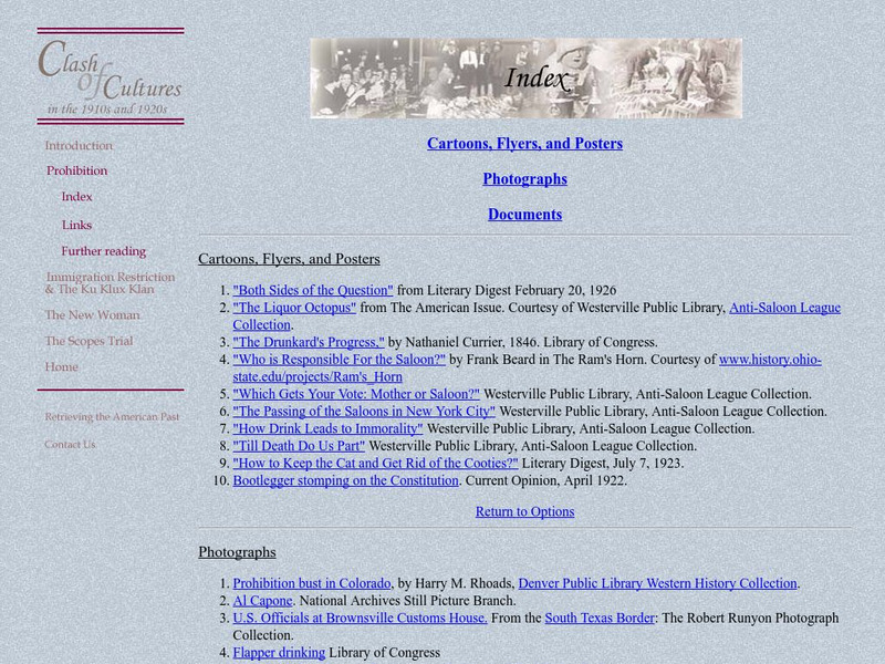 Ehistory: Clash of Cultures in the 1910s and 1920s: Prohibition Index Website Ehistory: Clash of Cultures in the 1910s and 1920s: Prohibition Index Website