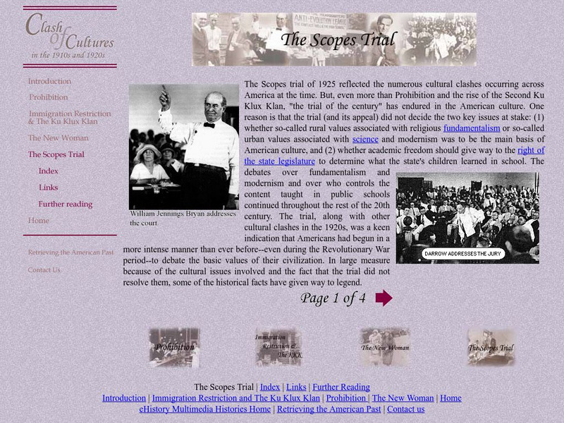 Ehistory: Clash of Cultures in the 1910s and 1920s: The Scopes Trial Website Ehistory: Clash of Cultures in the 1910s and 1920s: The Scopes Trial Website