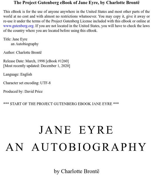 Project Gutenberg: Jane Eyre by Charlotte Bronte eBook Project Gutenberg: Jane Eyre by Charlotte Bronte eBook