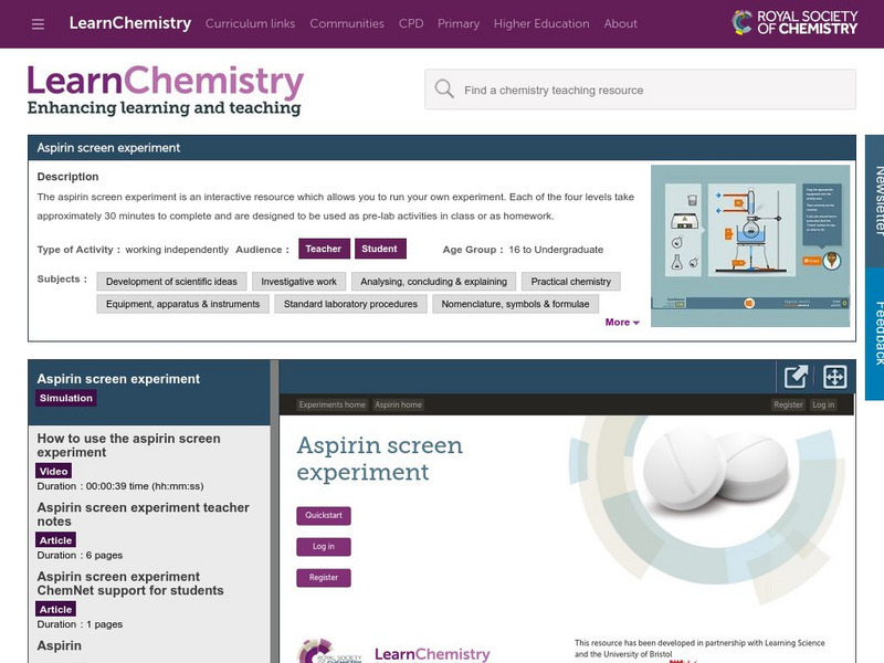 Royal Society of Chemistry: Learn Chemistry: Aspirin Screen Experiment Unit Plan Royal Society of Chemistry: Learn Chemistry: Aspirin Screen Experiment Unit Plan