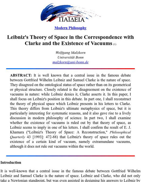 Boston University: Leibniz's Theory of Space Article Boston University: Leibniz's Theory of Space Article